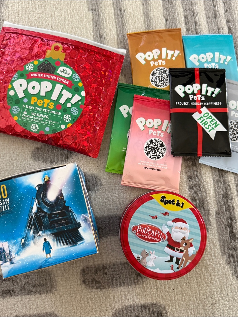 Holiday Kids Game/Toy Bundle: Spot It! Polar Express Puzzle, Pop It Pets